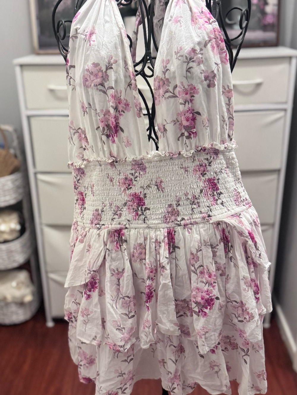 LoveShackFancy White Floral Backless Sundress with Pink Blooms